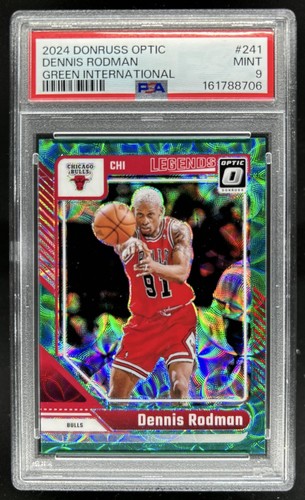 2024-25 Donruss Optic Dennis Rodman Green International Prizm Legend #/25 PSA 9