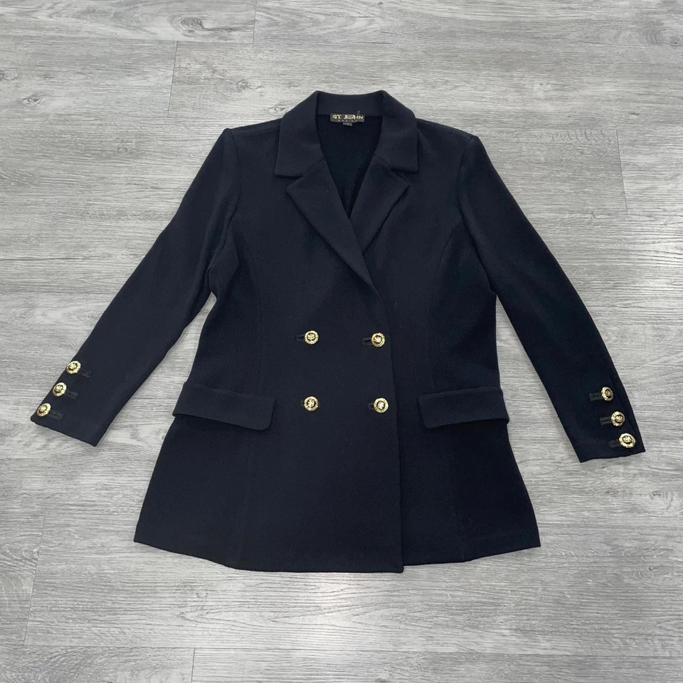 Chaqueta St. John Basics Mujer 12 Santana Tejido Blazer Abrigo Doble Pecho Clásico Foto 2 de 4