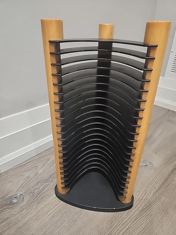 Soporte organizador torre 20 CD madera negra futurista moderno retro 14" 14 pulgadas Foto 2 de 4
