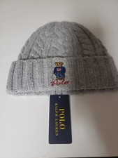 Men's POLO RALPH LAUREN Gray Grey Winter Blue Bear Knit Beanie Cap NWT