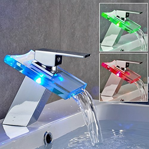 Rubinetto A Cascata LED Per Bagno - Vetro Illuminato Con 3 Colori Per Temperatura Acqua - Ottone Cromato