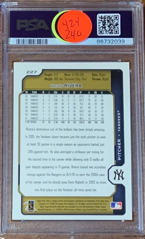 2002 UD Victory Gold (RARE) #227 Mariano Rivera PSA 7 Pop 1 none higher - Image 2 of 2