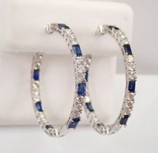 1.92ct Natural Round Diamond 14k White Gold Sapphire Anniversary Hoops Earrings