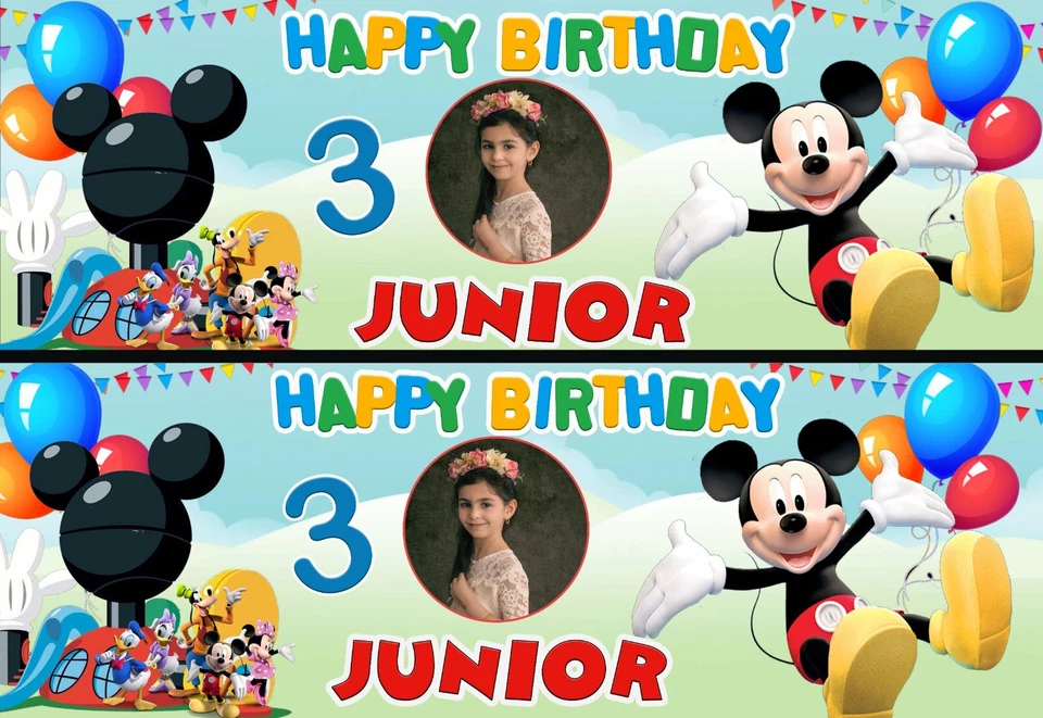PERSONALPOLLY Personalised Mickey Mouse Birthday Banner X2 Photo Party Disney Clubhouse