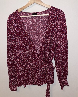 TALBOTS Wrap Blouse Cabernet Red Blue Berries Rayon Long Sleeve Sz L NWOT