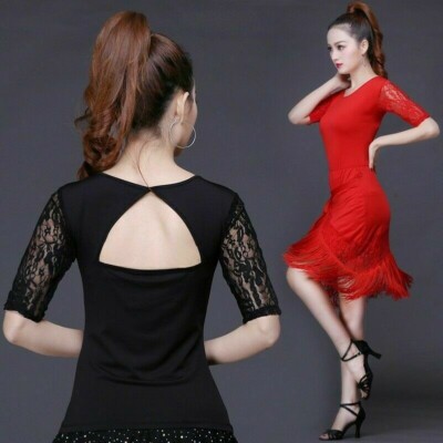 Damen Latein Tanz Bluse T-Shirt Top Ballsaal Tanzbekleidung Salsa Spitze Übung