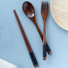 Wooden Cutlery Set | Eco-Friendly Spoon Fork Chopsticks | Reusable Travel Utensi