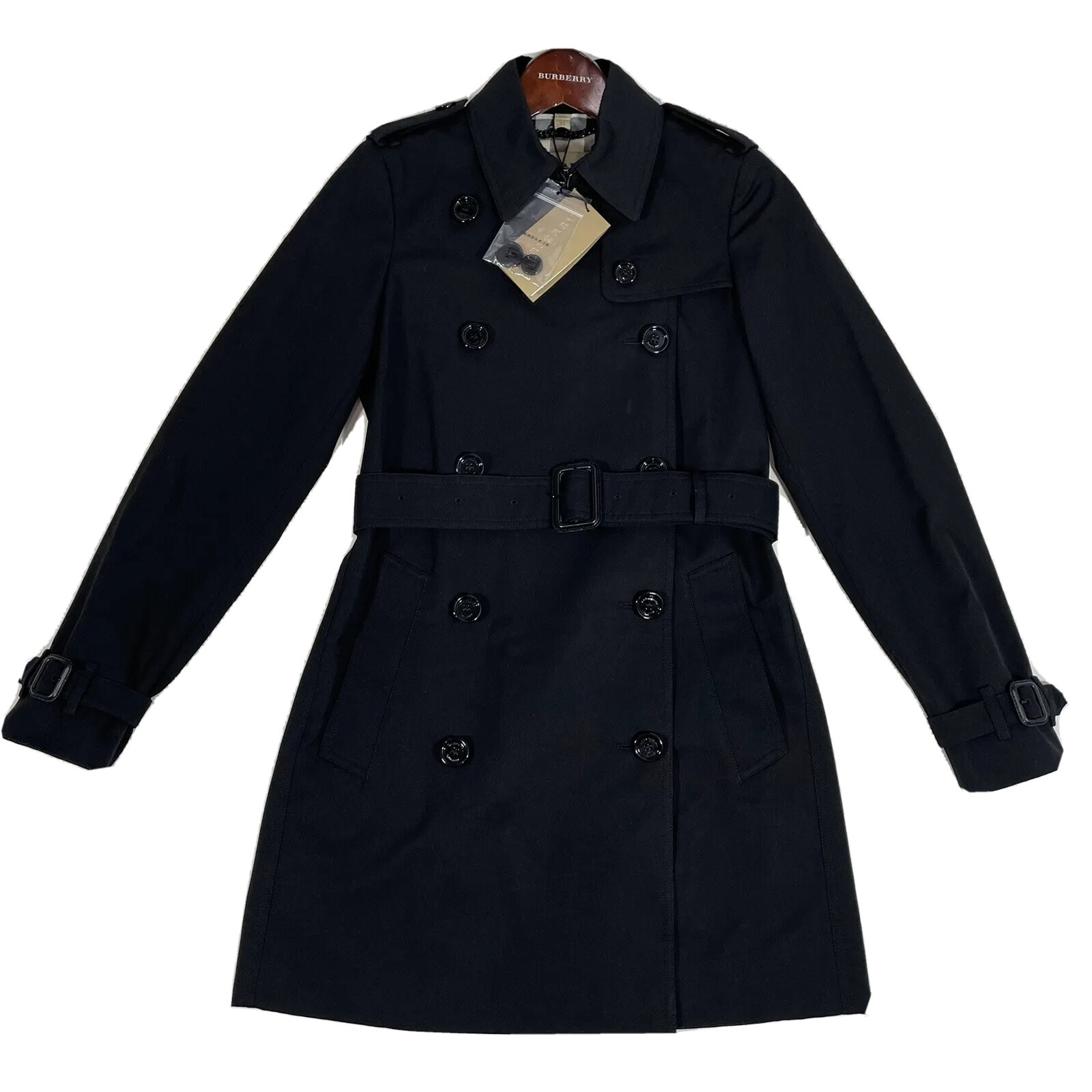 NWT Burberry Harbourne Black Mid-Length Trench Coat Nova Check Lining Size US 0 image 3