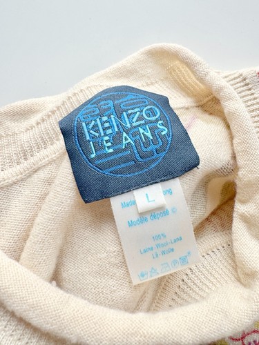Vintage 90's KENZO JEANS Beige Red Floral Wool Knit Crew Neck Sweater, Size L - Picture 9 of 9
