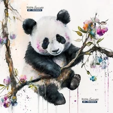 Baby Panda in a Tree Floral Watercolor Oil Painting Art Print