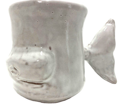 WHALE OF A MUG Handmade Art Pottery Tail Handle Coffee Cup Signed Thora nautical