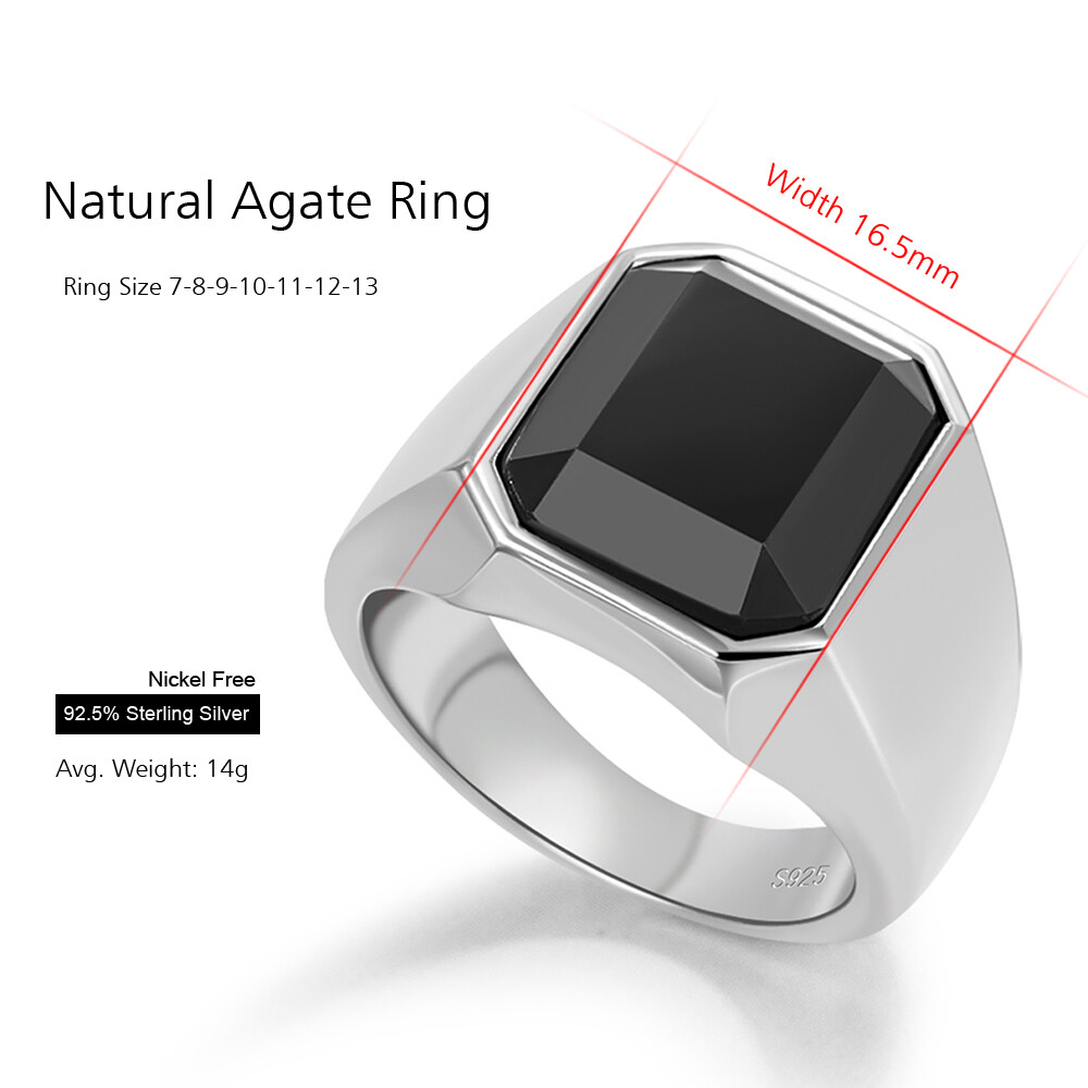 925 Sterling Silver Black Onyx Square Agate Stone Rings Sizes 7-13