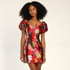 Lulus Dress Womens XS Red Jacquard Floral Puff Sleeve Mini New Party