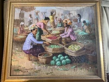 Large "Balinese Market With Figures Scene" Oil Painting - Signed and Framed
