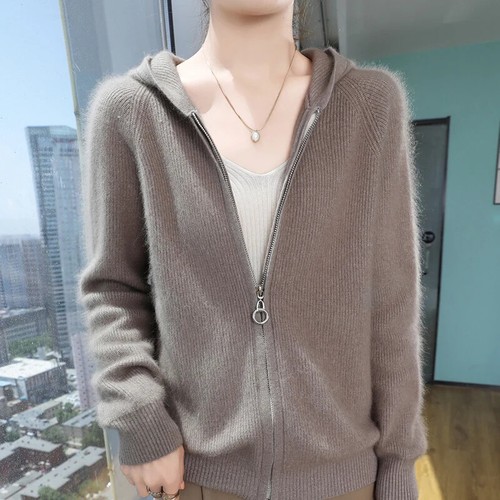 Women's Cashmere Zipper Cardigan Hooded Knit Coat Hoodie Warm Loose Jacket - Picture 1 of 30