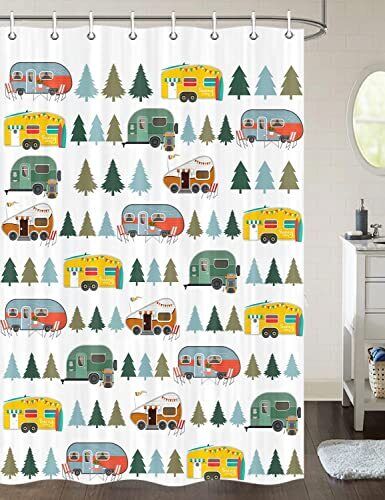 Campers RV Shower Curtain for Travel Trailer Bathroom, Camping Tent with Tree...