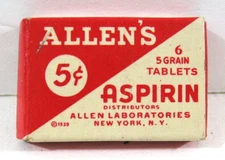 Vintage 1939 Allen's 5 Cent Aspirin Victory War Package Allen Labs New York NY