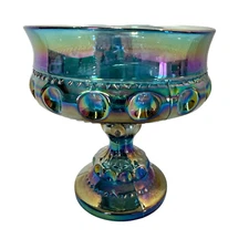 Vtg Indiana Iridescent Blue Carnival Glass Kings Crown Thumbprint Compote Dish