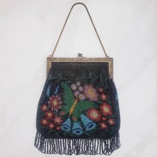 Vintage Art Deco Butterfly  Flowers Fringe Beaded Purse with Kiss Lock Clasp