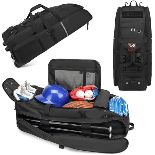 Große rollende Baseballtasche mit Rollen, Softball Ausrüstungstasche für 4 Schläger, tragbar C - Bild 3 von 8