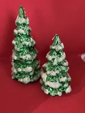 Green Metallic Look Snow Capped Christmas Tree Candles Made In Italy 8” 6” Pair