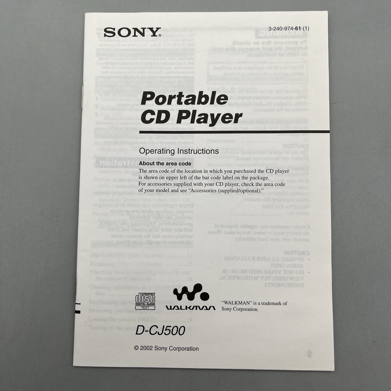 Sony D-CJ500 Walkman CD Player Original Instruction Manual OEM Original