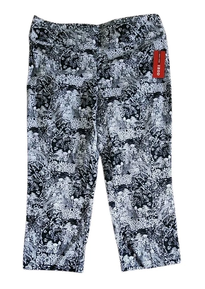 IZOD Women's Sz 14 Black White Tropical Print Stretch Capri Pants