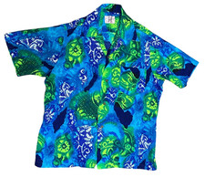 Vintage 70s Moko Hawaii Hawaiian Shirt Barkcloth Psychedelic Green Blue Medium