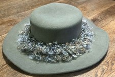 Kathy Jeanne Hat Woman's Green 100% WOOL large brim curly yarn band USA Made