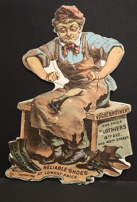 Vogel Brothers Shoes Die Cut Cobbler  Victorian Trade Card c.1882