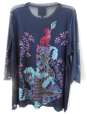 Johnny Was Jade 2X stretch mesh top  ~  Natalie 3/4 sleeve COUGAR blues NWT