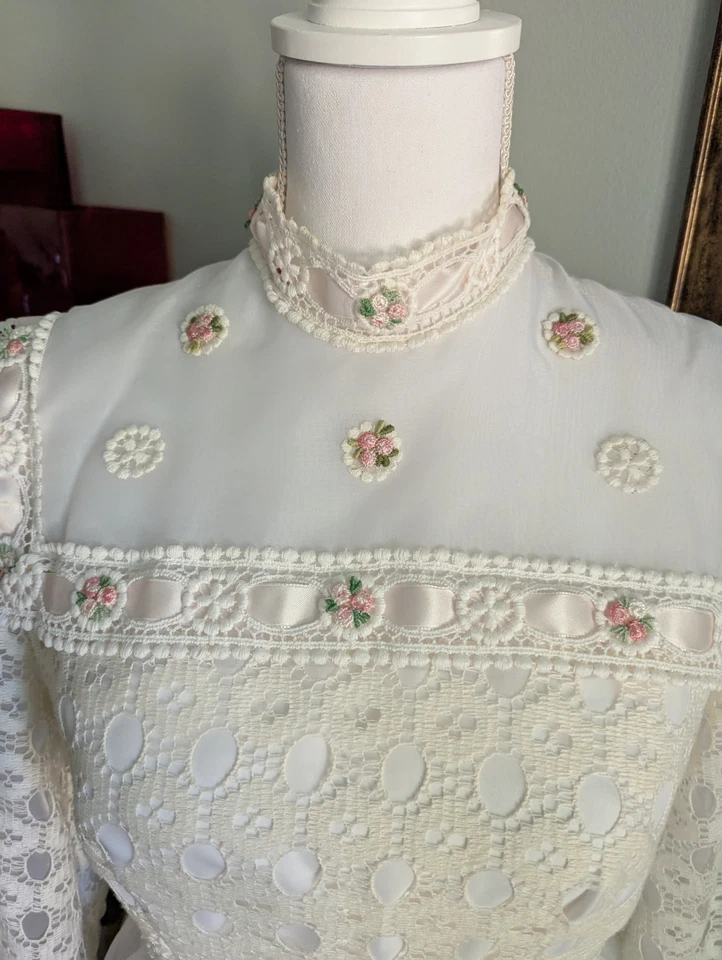 Maxi Vestido de Boda Vintage Años 70 Encaje Boho Pradera Hippy Rosa Flores Talla Pequeña Foto 3 de 4