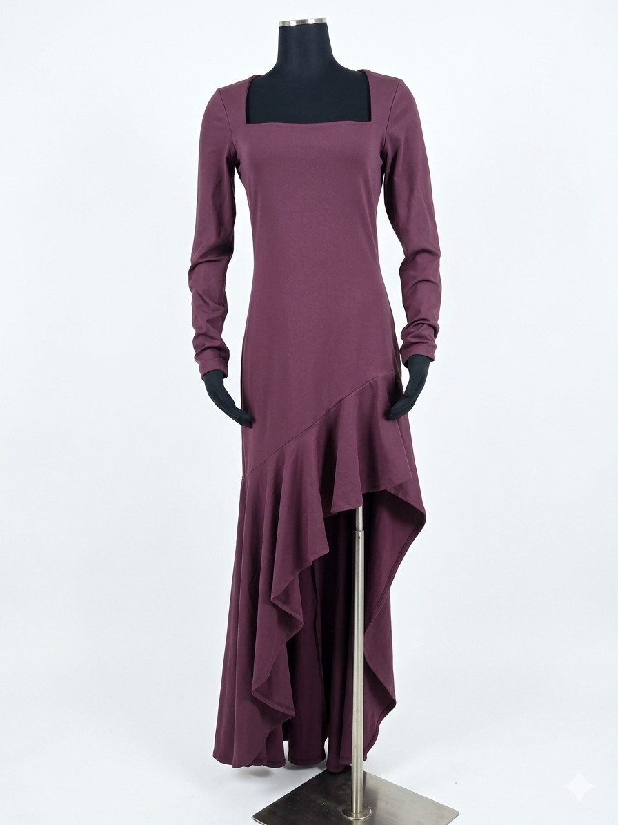 Susana Monaco Burgundy Knit Hi-Low Asymmetric Dress Ruffle Long Sleeve L