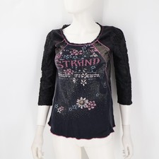 Edista Women's Y2K Graphic Top Black 3/4 Sleeve Lace Accents Size M Made in USA