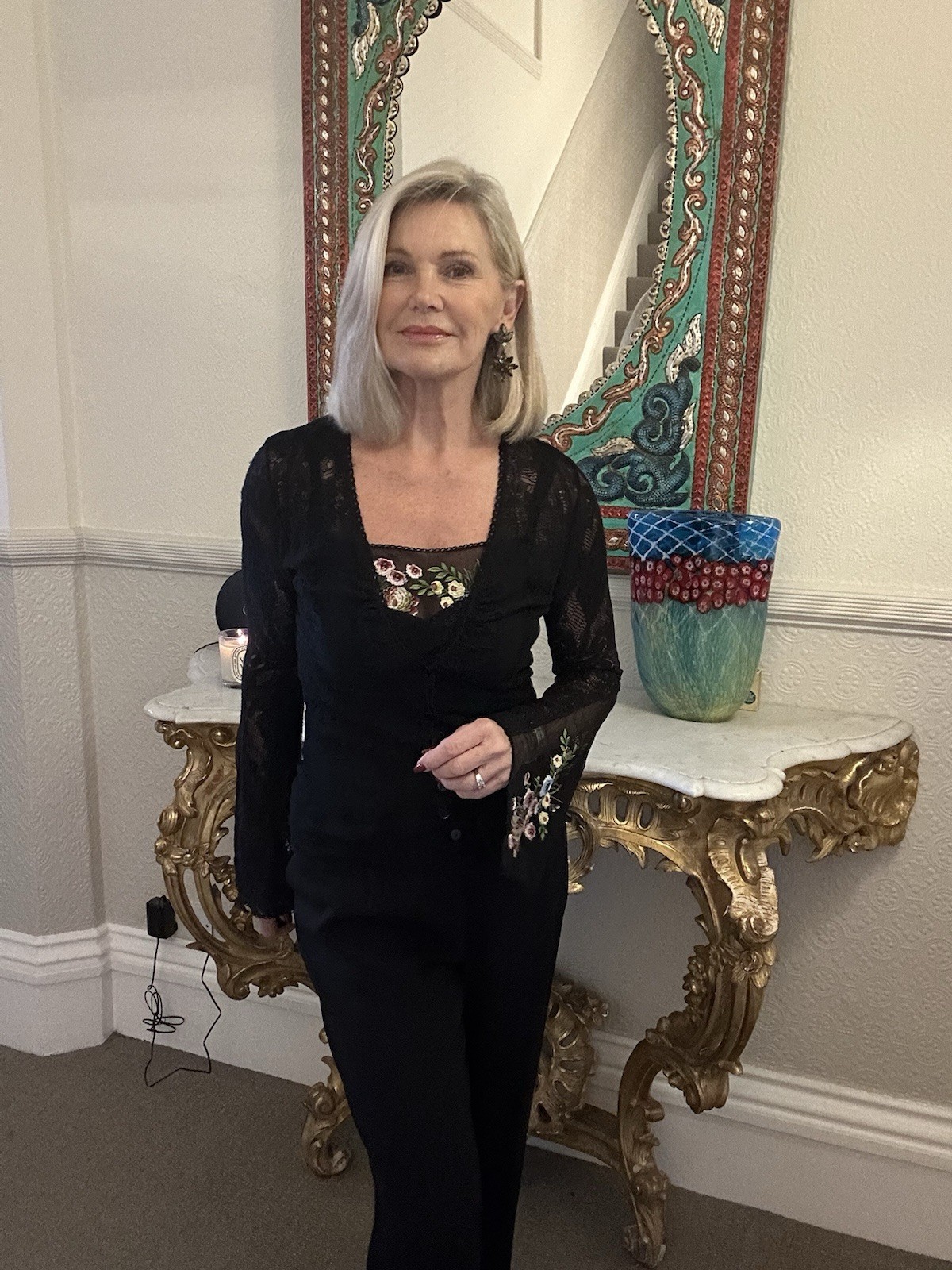 JOHN GALLIANO Vintage UK M Two Piece Black Lace Cardigan Cami Embroidered Detail