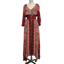 Free People Small Mexicali Rose Maxi Dress Strawberry Mixed Print Boho Romantic