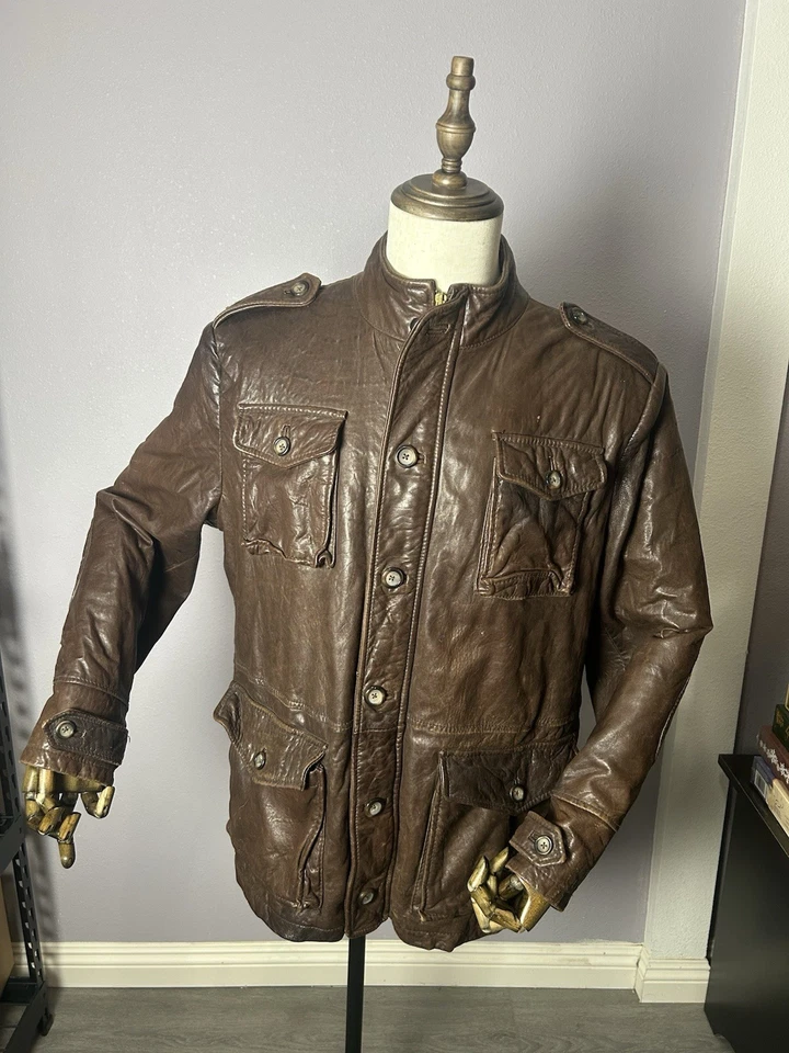 Merona 男式柔软皮革摩托车夹克 L 码棕色全拉链 — 第 2/4 张图片