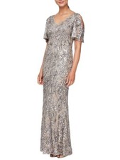 Alex Evenings Women's Sequin Stretch Lace Cold Shoulder Gown, Mink, 8 Petite
