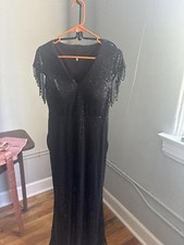 Elegant Black Sequin Evening Dress with Fringe