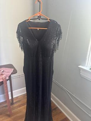 ebay black evening dress Elegant Black Sequin Evening Dress with Fringe