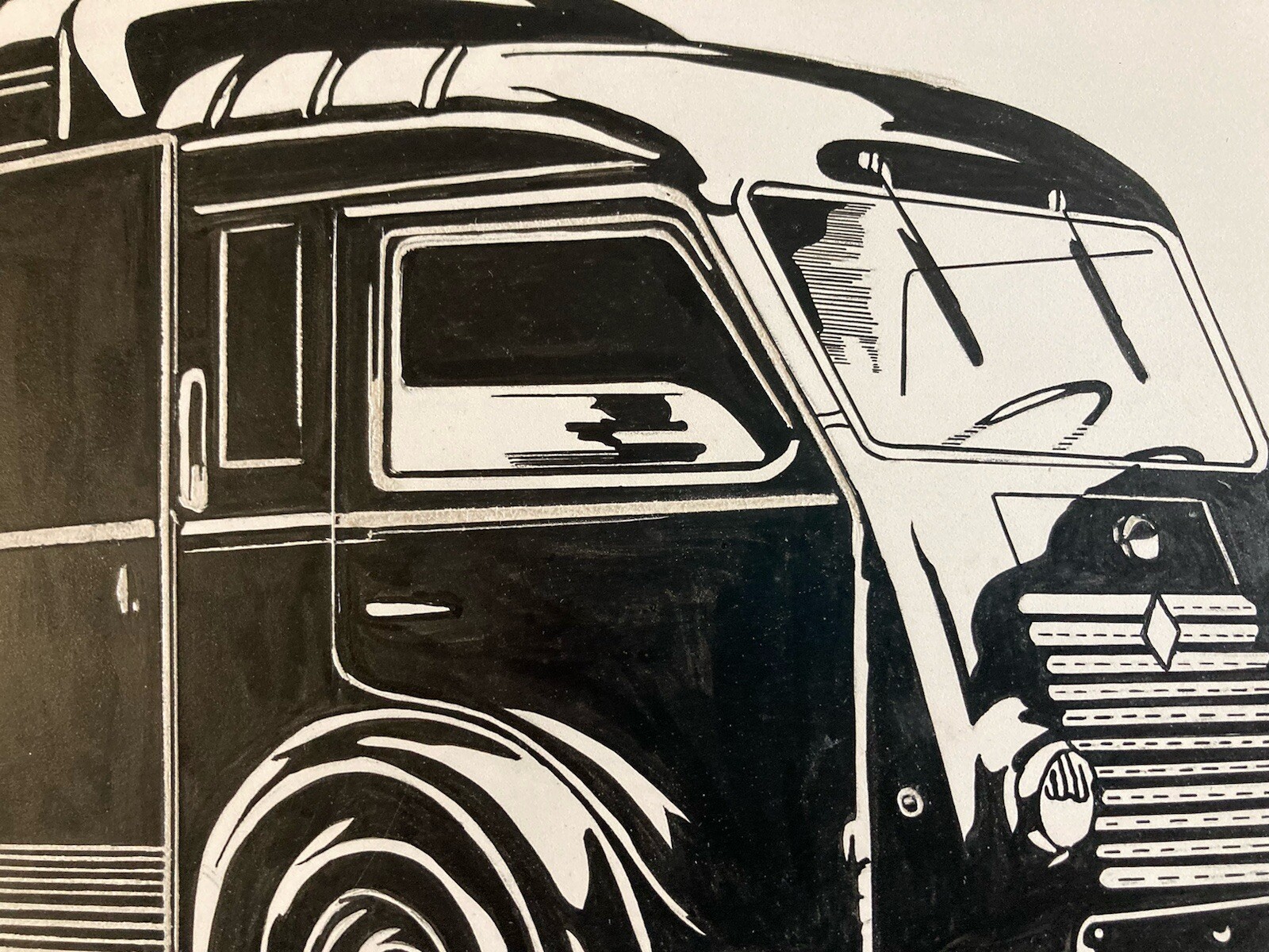 Very Beautiful Ink Drawing Design Renault Truck Goelette Automobile Art Van thumbnail 5