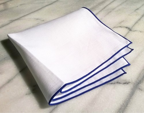 Cotton Pocket Square-Solid White Cotton Pocket Square with Navy Border/Edge - Picture 2 of 3