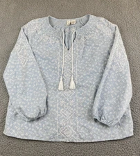 JOIE L Embroidered Floral Long Sleeve Bohemian Top Women's Blue Boho Size Large