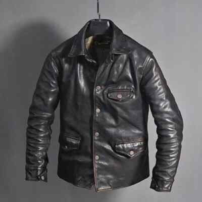 Mens Vintage Distressed Black Motorcycle Jacket Casual Biker Leather Jacket Coat