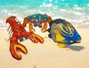 Paper Mache Lobster Fish CrabHanging Seafood Restaurant Decor Set 3 Rare Vintage