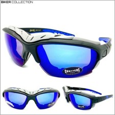 MOTORCYCLE BIKER Riding Padded Safety Protective SUN GLASSES GOGGLES Blue Lens