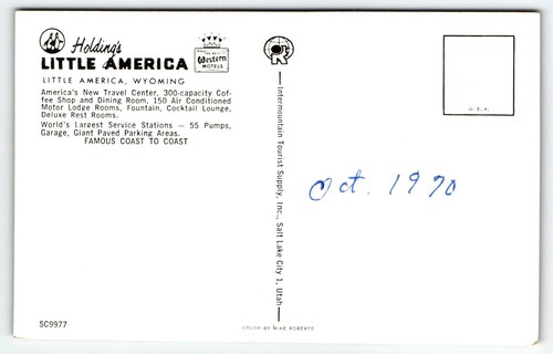 Holding's Little America Wyoming Postcard WY Old Cars Sinclair Best Western 1970 - Picture 2 of 2
