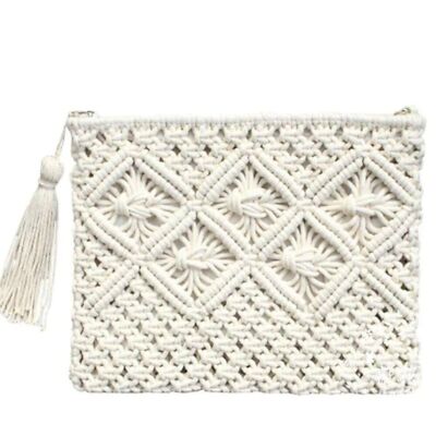 Wanderlust Weave and Tassel Clutch Chic Summer Bag, White Ivory