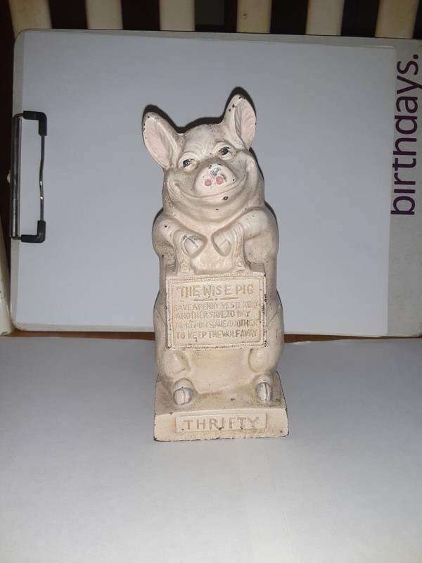 Antique Vintage 1930's Hubley Cast Iron Still Bank Thrifty J.M.R The Wise Pig 
