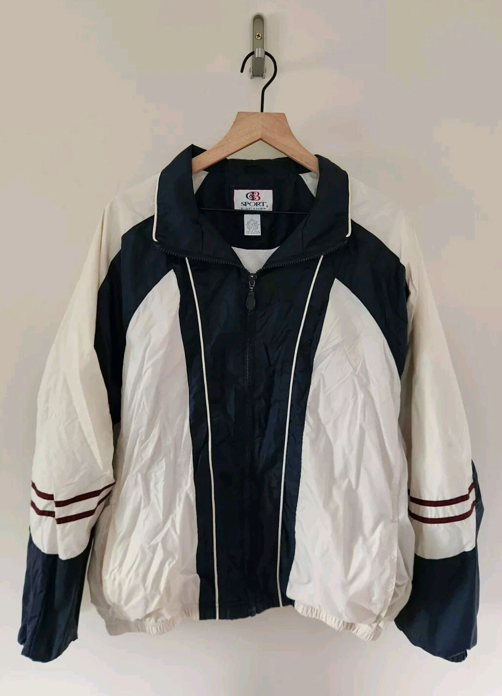CB Sports Jacket Mens Size Large Beige & Blue 90s Full Zip Up Lined Pockets Coat